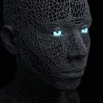 a man with blue eyes and a black background