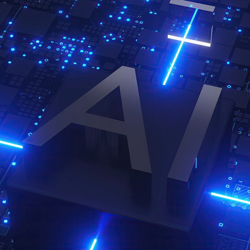 Ai text with glowing blue circuits and lights