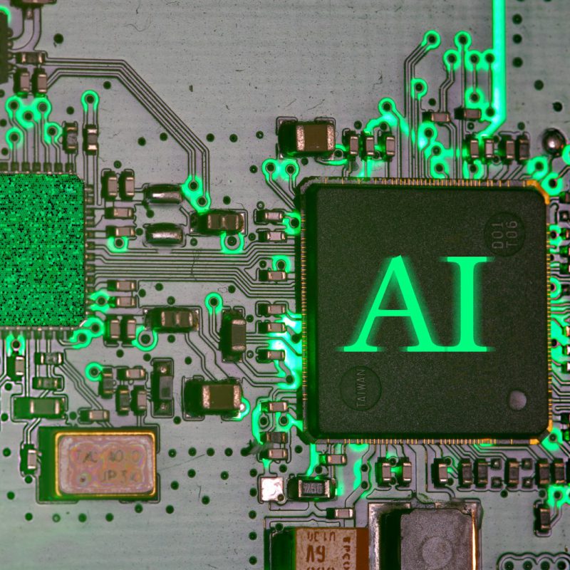 Glowing ai chip on a circuit board.