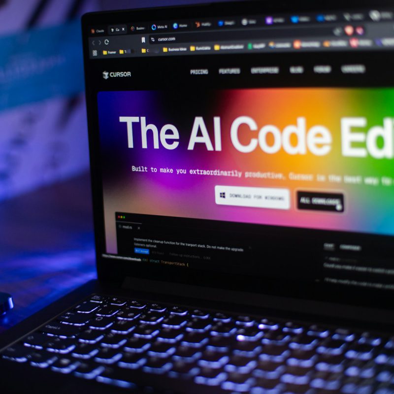 Laptop displays "the ai code editor" website.