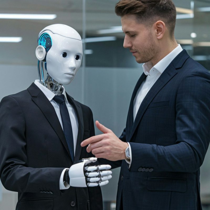A man shakes hands with a robot.